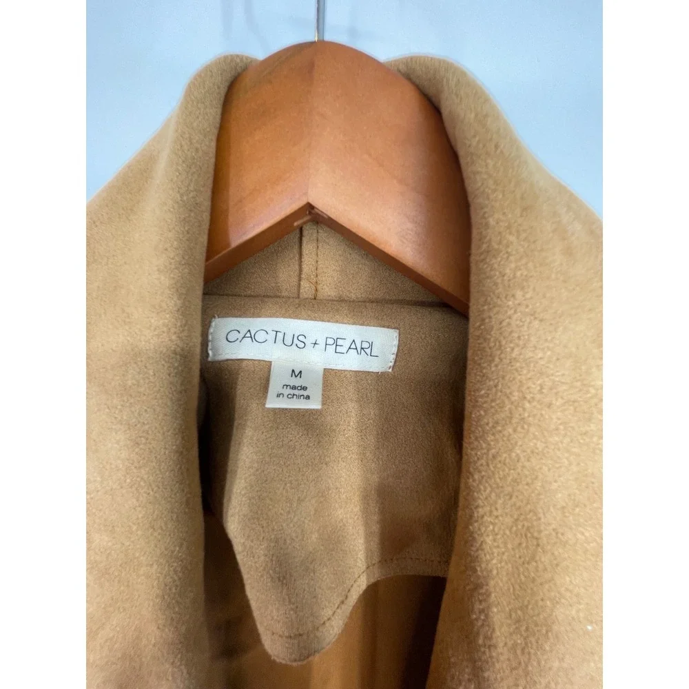 Cactus + Pearl Womens M Wrap Coat Tan Faux Suede Crochet Trim Belted Boho Flair